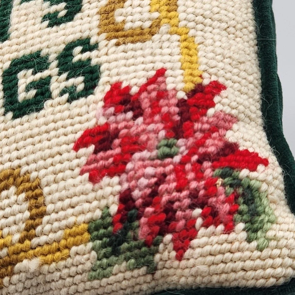 Vintage Seasons Greetings Needlepoint Pillow Christmas Poinsettia Holiday Decor